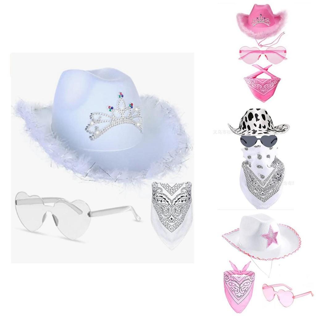 Denim Hat Set With Pink Frayed Crown And Glitter Sequins For Party Costumes