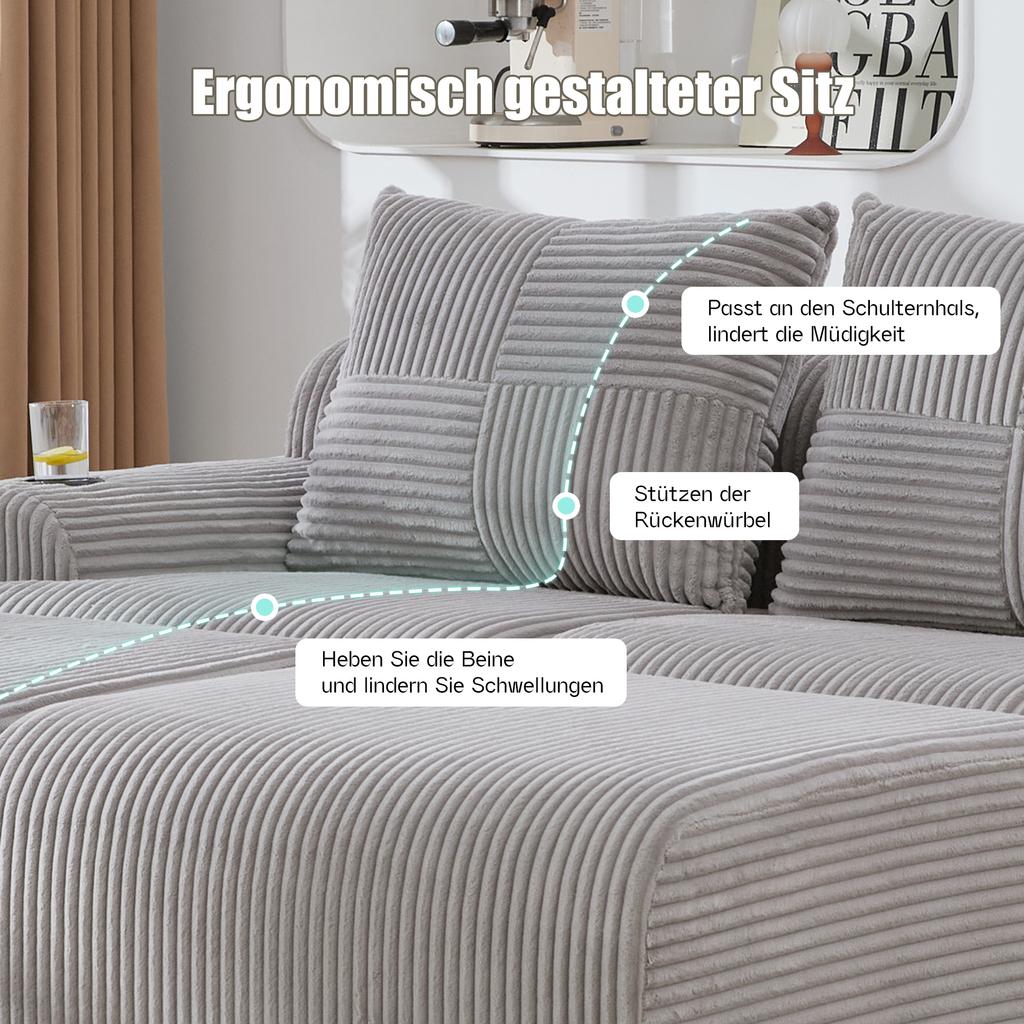 Modular Corduroy Sofa for 2 People (with 2 Stools), Including Drink Holder and Side Storage Bag, Ideal for Living Room, Family Room. Khaki. Light Grey