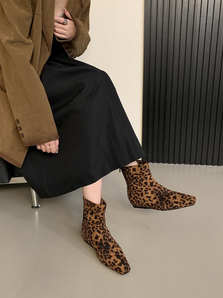 fashion Square Toe Women Ankle Boots Shallow Slip On Flat Heeled Black Brown Leopard 2024 New Arrivals Party Pumps Shoes Woman Size 39