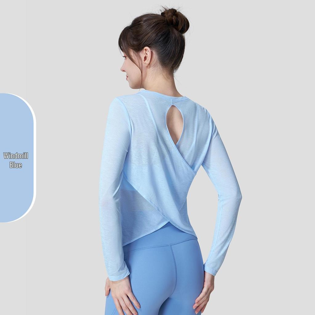 Women's Bamboo Yarn Quick-Dry Long Sleeve Yoga Top with Back Cross Design