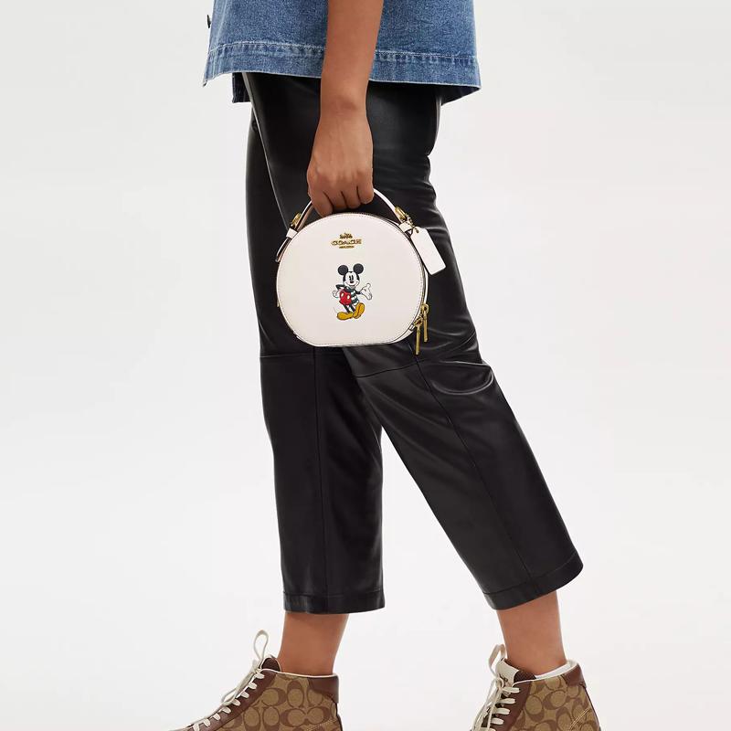 Coach Joint Model Canteen Metal Logo Letters Fun Printed Zipper Closure Cow Leather Portable Shoulder Crossbody Bag Small Size Women's Milk White