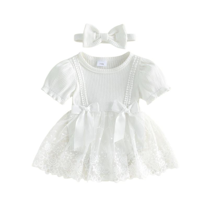 

Newborn Baby Girls Summer Outfits Bows Lace Mesh Crew Neck Short Sleeve Romper Dress and Bow Headband 2 Pcs Set 0-3M белый