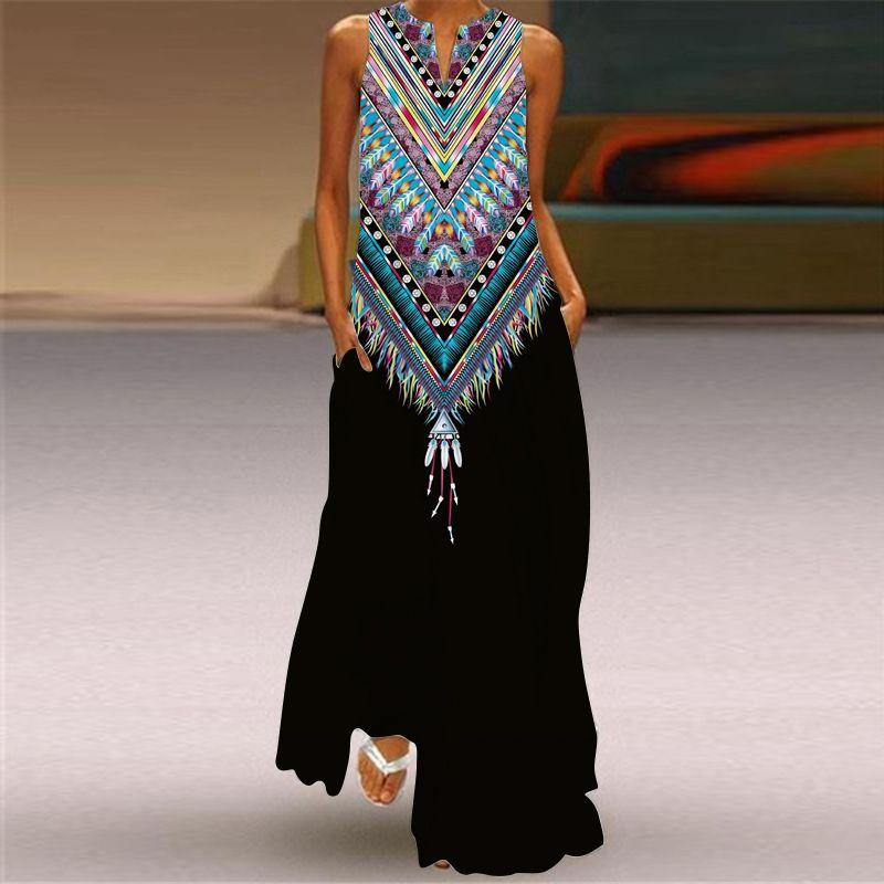 Black Dress 2025 Spring/Summer New Arrival Women's Retro Print Long Dress Chiffon V Neck Sleeveless Pocket Dress