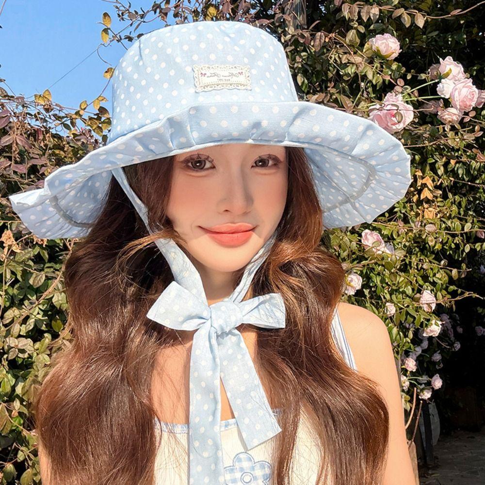 Polka Dot Summer Sun Hat Ribbon Sunshade Hat Portable Sunscreen Visor Cap Ladies
