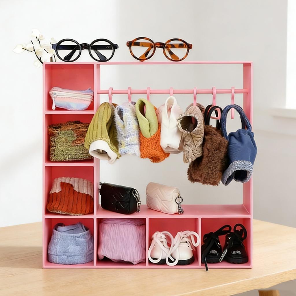 Doll Clothes Closet Wardrobe with 10 Hangers Doll Accessories Display Box Figures Clothing Storage Cabinet