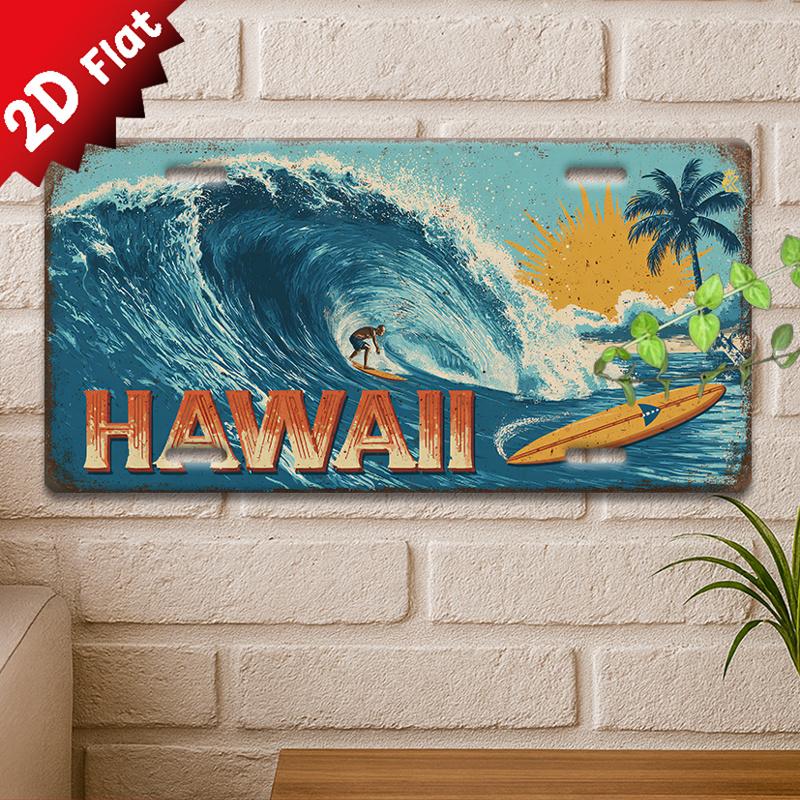 D Flat Single Piece Vintage Metal Sign Decorative Plaque And Signboard Retro Sign Featuring Surfing Waves And Hawaiian