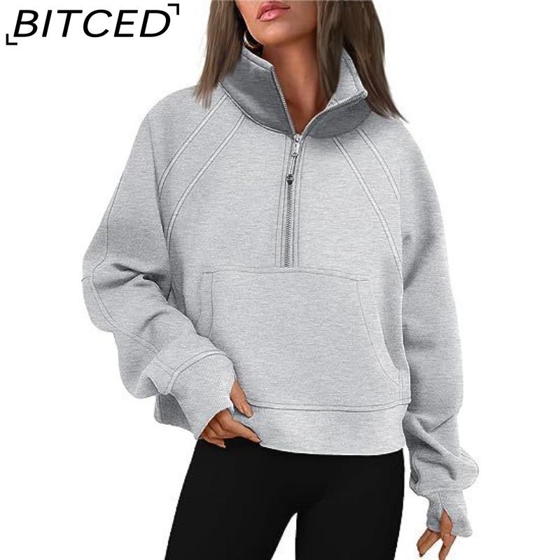 BITCED Autumn/Winter Women's Half-Zip Short-Sleeved Stand Collar Fleece-Lined Solid Colour Sweatshirt
