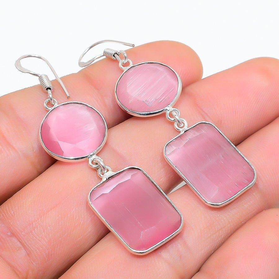 Pink Monalisa Gemstone Handmade 925 Sterling Silver Jewelry Earring 2.29" GK-7278