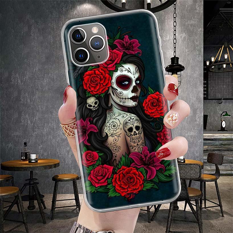 Catrina Beautiful Rose Girl Skull Soft Phone Case For IPhone 11 17 Air 16E 16 Pro Max 15 + 14 Plus 13 Mini 12 Apple 7 SE 8 Funda