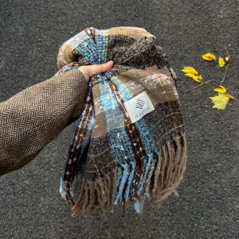 High-End Plaid Shawl for Women - 2025 Autumn/Winter Korean Style Thickened Imitation Cashmere Scarf