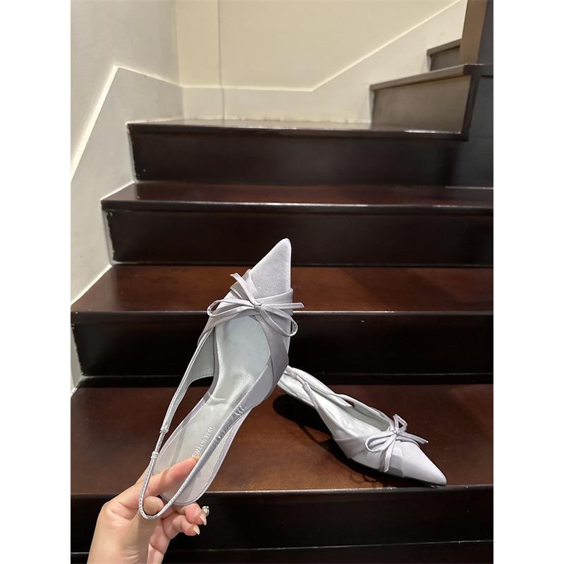 2025 new pointed middle heel shoes women's autumn pointed bow sandals low heel empty light mouth single shoes after banquet