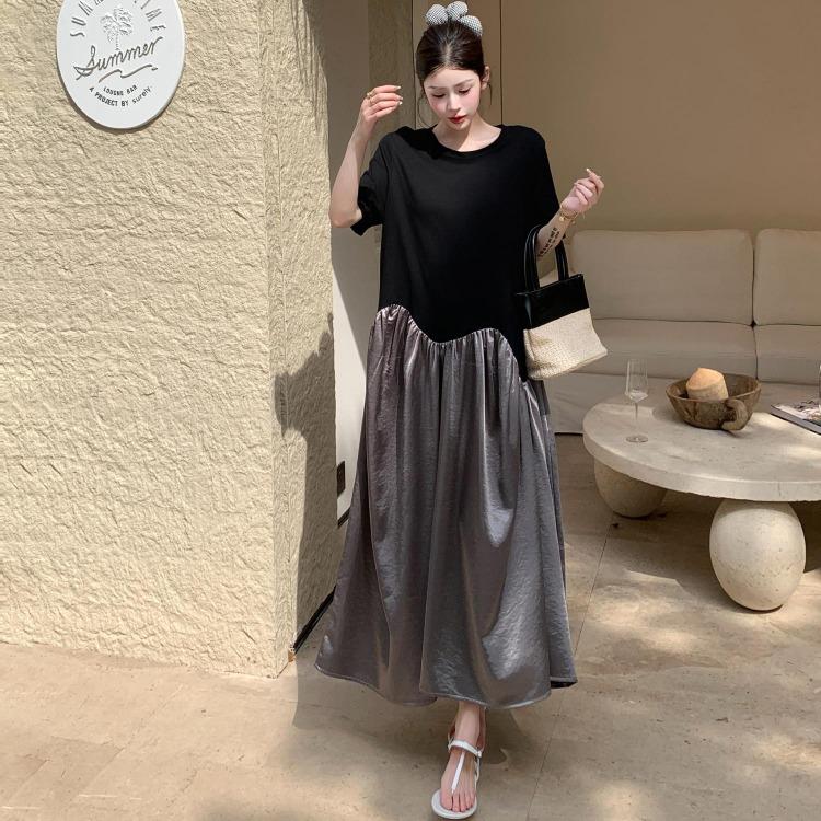 Women Summer Plus Size Dress Casual Vintage Oversized Basic Long Loose Spliced O Neck Dress
