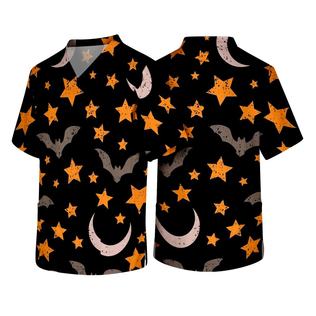 Men's Short Sleeve V Neck Halloween Print Medical Scrub Top with Chest Pocket and Two Lower Pockets Suitable for Healthcare Professionals