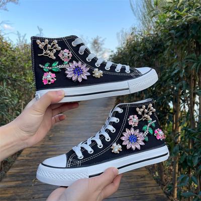2024 New High-top Canvas Shoes Women Fashion Pearl Casual Shoes Students Harajuku Port Style Flower Board Shoes Fashion Women