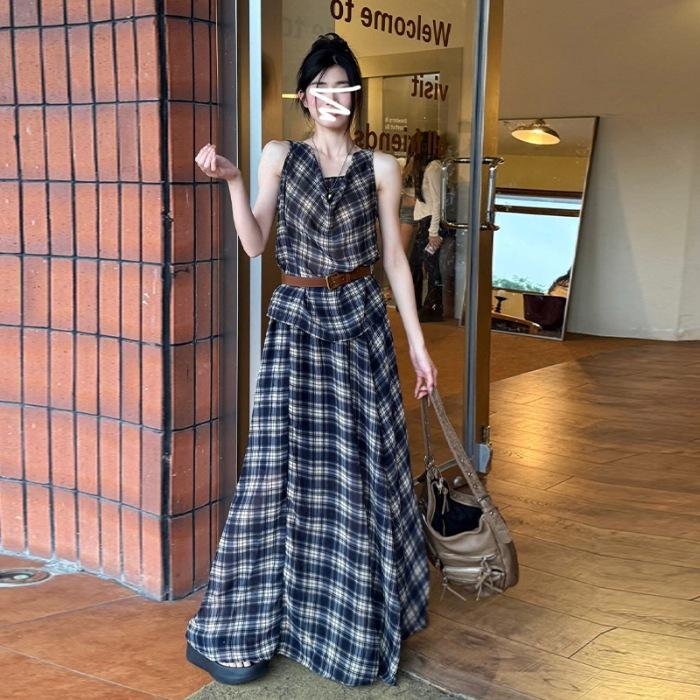Lazy Plaid Suit Women's Sleeveless Swing Neck Vest Top + Long Skirt Two-piece Set Looks Thin