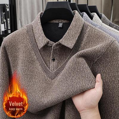 Men's Thick Fleece-Lined Knitwear: Two-Piece Look, Autumn/Winter Style for Middle-Aged & Young Casual Wear.