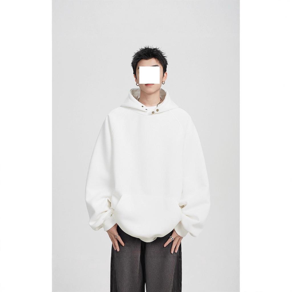 300G heavy button hooded sweater men's autumn and winter trendy brand loose casual solid color versatile American hoodie jacket