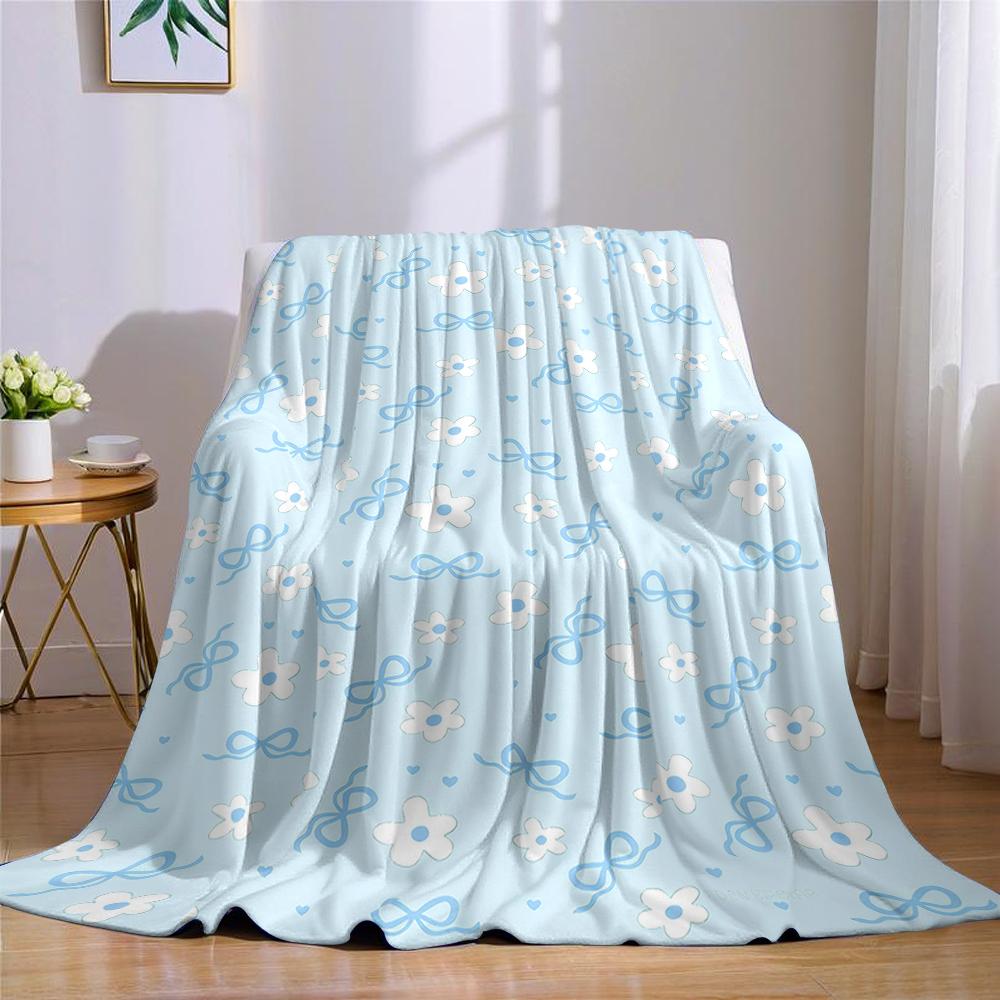 Baby Blue Bow Bloom Flannel Blanket Warm Soft Halloween Christmas Couch Warm Cozy Decorative Decor Gift for All Season