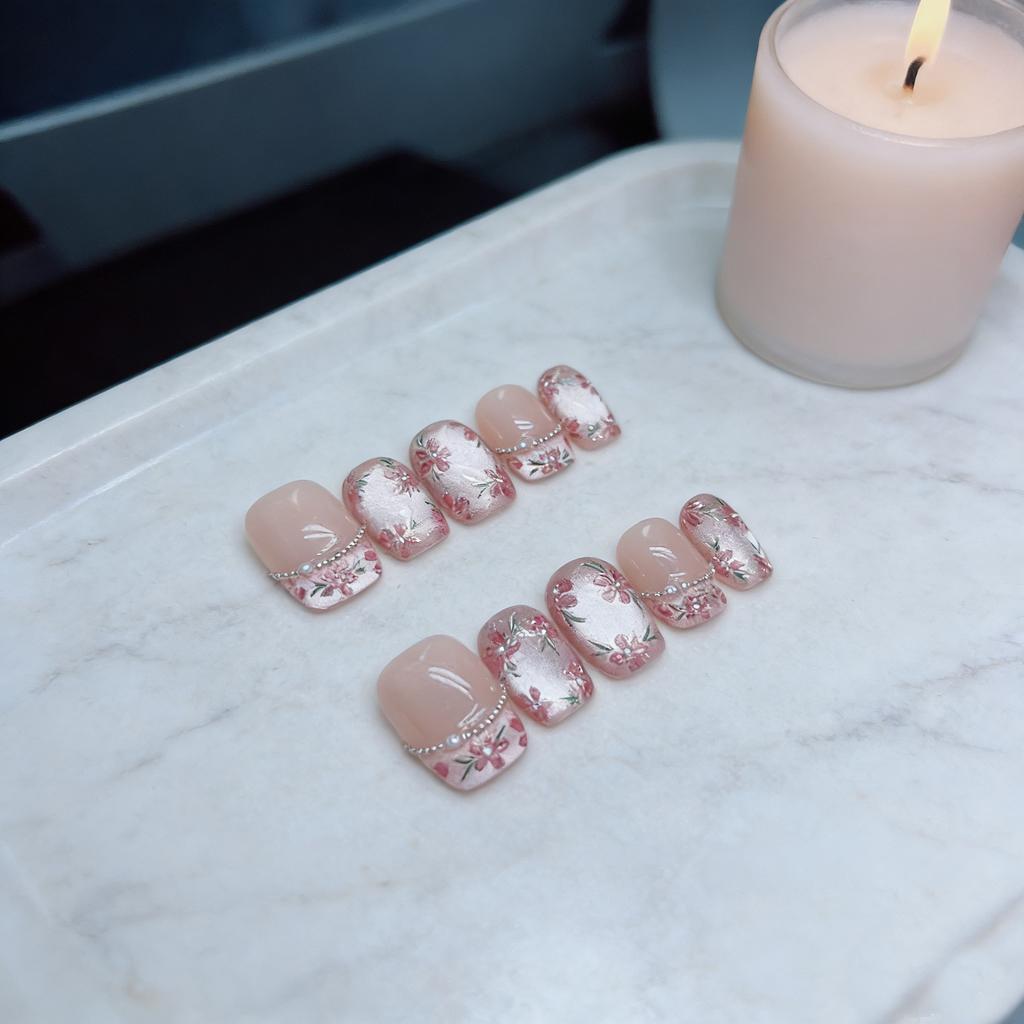 10Pcs Floral French Cat Eye Press On Nails Short Square Handmade Elegant Full Coverage Fake Nail Tips For Women