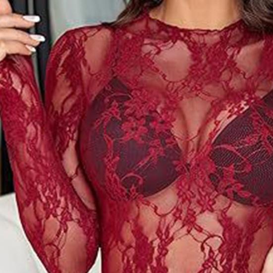 Topuri de damă, guler simulat, cu mânecă lungă, bluze slim fit, sexy, transparente, florale