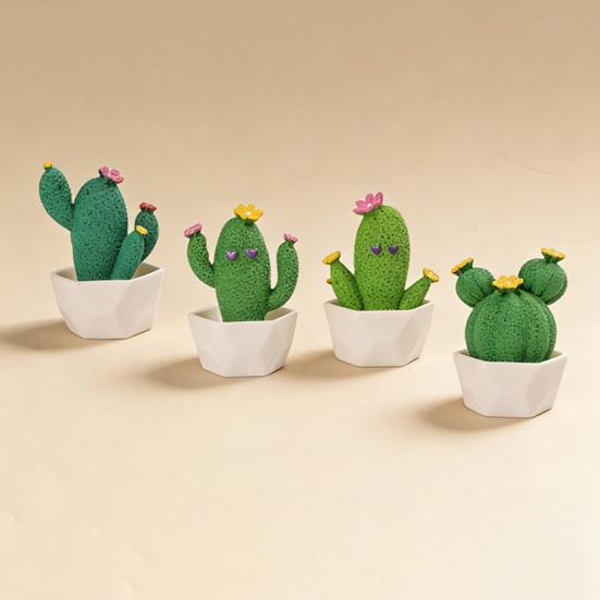 Mini Artificial Cactus Plants In Pots, Compact Faux Potted Cactus Ornaments, Resin Small Decorative Plant for Home Office Desk Tabletop Shelf Decor