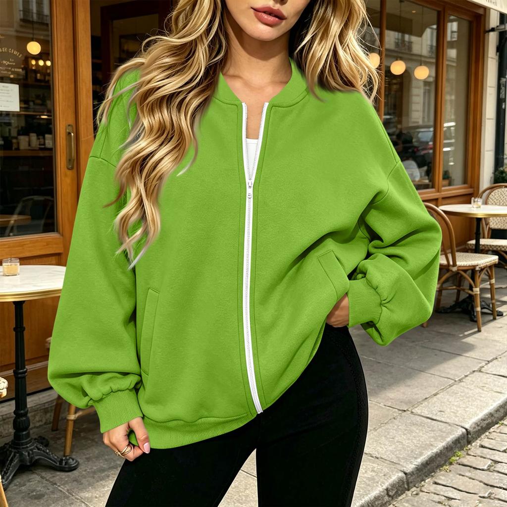 Women's Fashion Long Sleeve V-Neck Loose Fit Zip Up Jacket