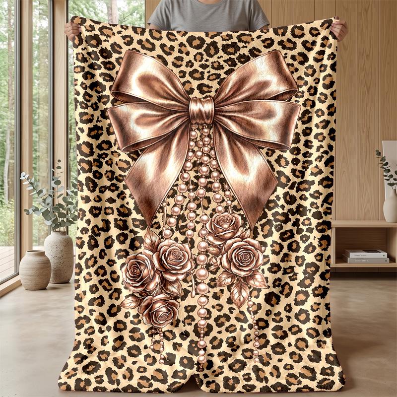 Leopard Print Bow Decor 1 Theme Blanket Lightweight Warm Flannel Blanket Decorative Throw Blanket for Home Decoration