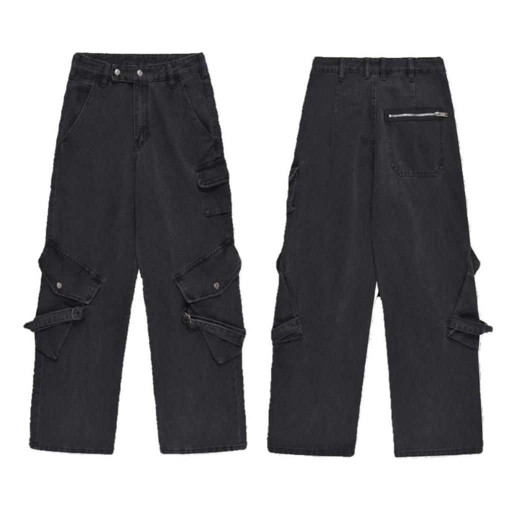 Unisex Vintage Black Distressed Wide-Leg Workwear Jeans with Multi-Pockets - High Street Punk Style