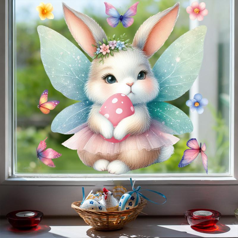 1 Sheet Cute Rabbit Egg Decals Easter Stickers Angel Rabbit Showcase Entrance Glass Electrostatic Patch Easter Party Decoration