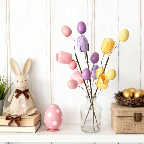 Easter Eggs Picks Spring Artificial Tulip Flower Stem with Eggs Floral Arrangement for Home Vase Filler Table Centerpiece