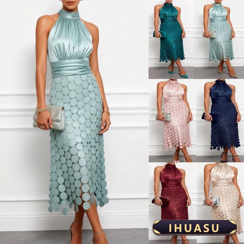 IHUASU Women's Fashion Summer Spring Solid Color Print Sleeveless O-Neck Casual Dresses Elegant