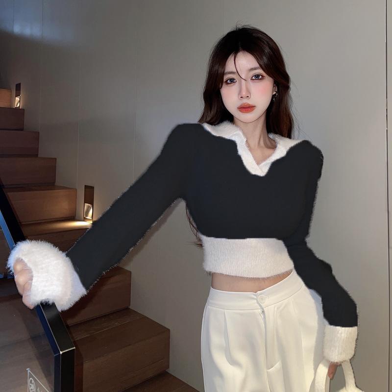 

Winter pure desire imitation mink hair contrasting color knitted Polo neck sweater women s short soft waxy thick shirt one size fits all чорний