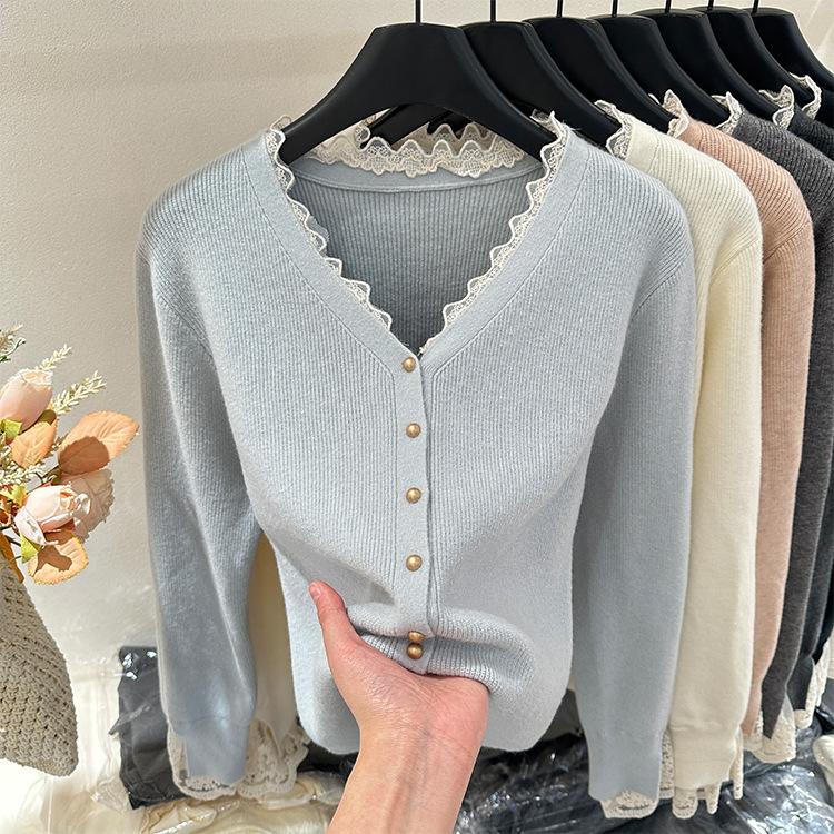 V-neck sweater cardigan women's spring and autumn soft waxy high-end versatile top small fragrant lace splicing knitted jacket