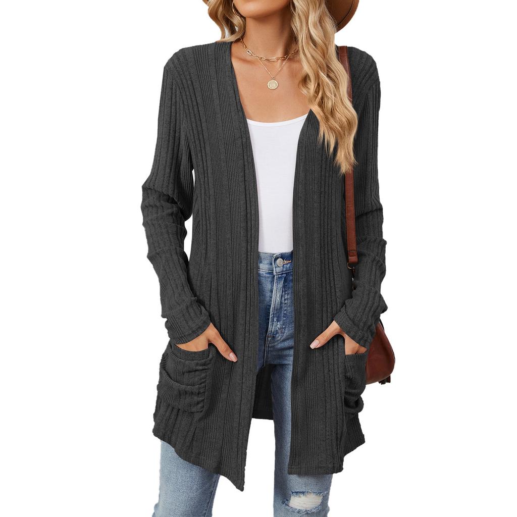 Autumn and Winter New Pit Stripes Long-sleeved Pockets Casual Solid Color Cardigan Jacket Long Cardigan Women Tops Kawaii Sweater