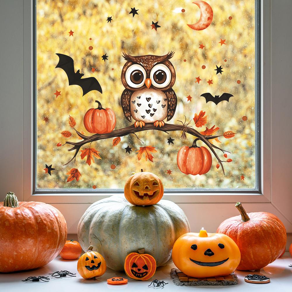 New Creative Owl Pumpkin Maple Leaf Static Window Stickers Store Home Decoration Double Sided Visual Stickers Removable