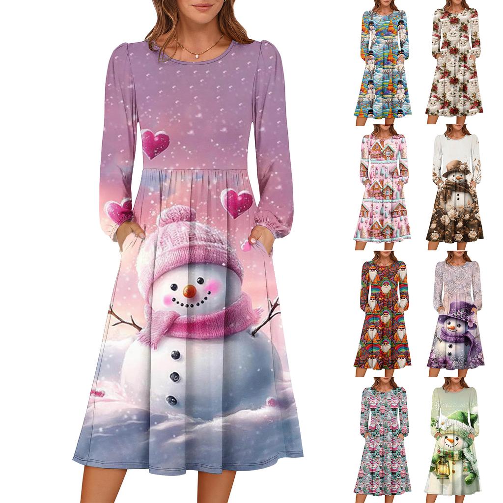 Women's Christmas Printed Fashionable Loose Round-neck Dress