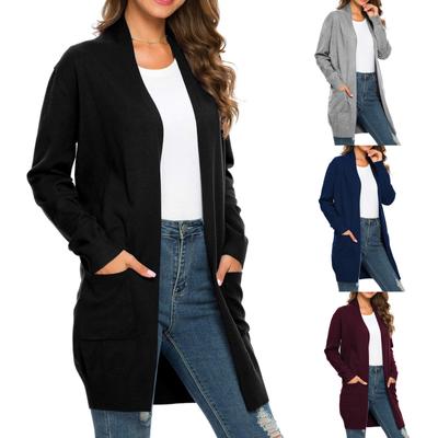 Women Open Front Long Knit Cardigan Sweater With Pockets