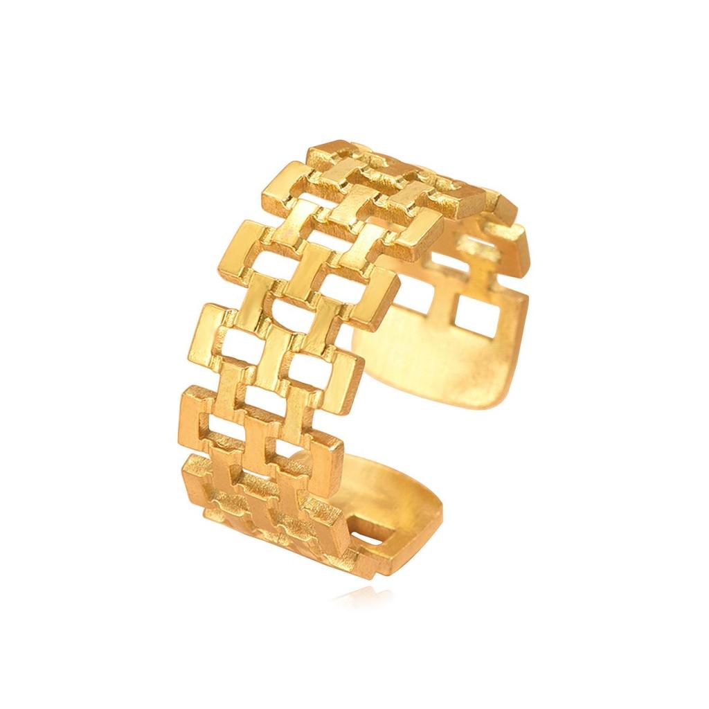 French Retro Double Row Open Square Chain Stainless Steel Ring - Women's Versatile Dress Accessory