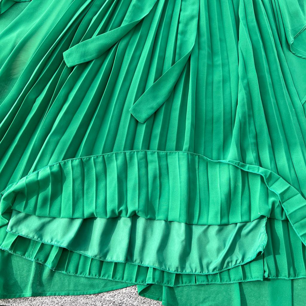 Elegante vestido largo plisado de gasa con cuello redondo, cordones y mangas estilo capa vintage para mujer, ropa de calle de moda