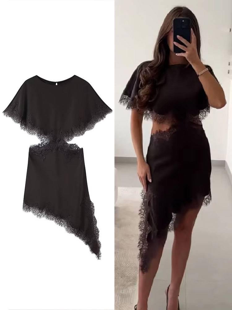 Autumn/Winter Lace Trim Cut-Out Waist Patchwork Dress for Women