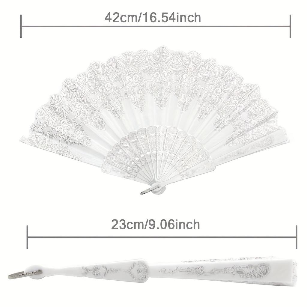 Abanico de Mano Plegable de Encaje Blanco, Abanico Vintage con Decoración de Flor Plateada, Adorno Portátil para Boda y Baile