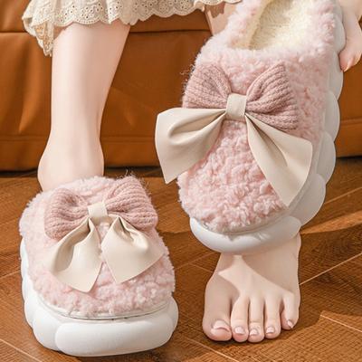 Baumwollpantoffeln für Damen Herbst und Winter Dicke Sohle Indoor Zuhause Warm Paarschuhe Schleife Rutschfest Flache Plattform Damenpantoffel