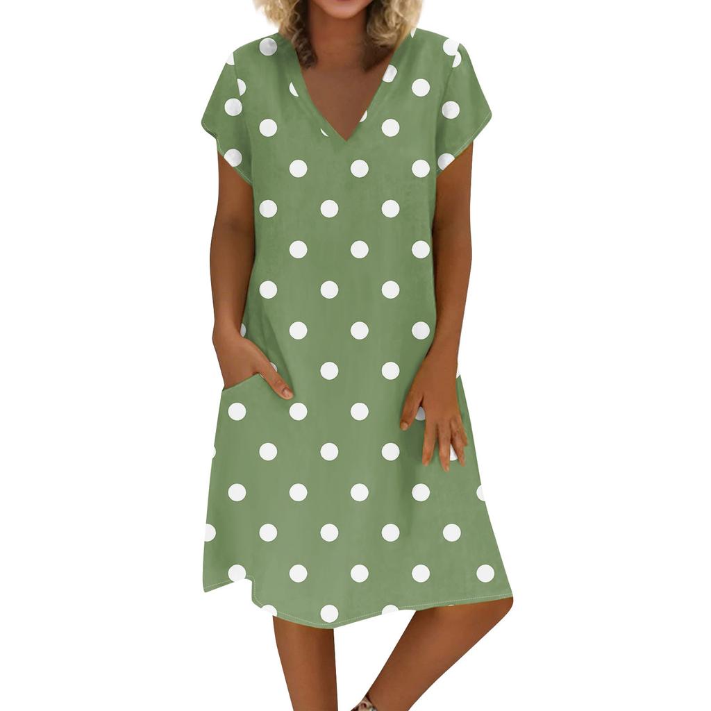 Women's Summer V-neck Short Sleeve Printed Cotton And Linen Dress
