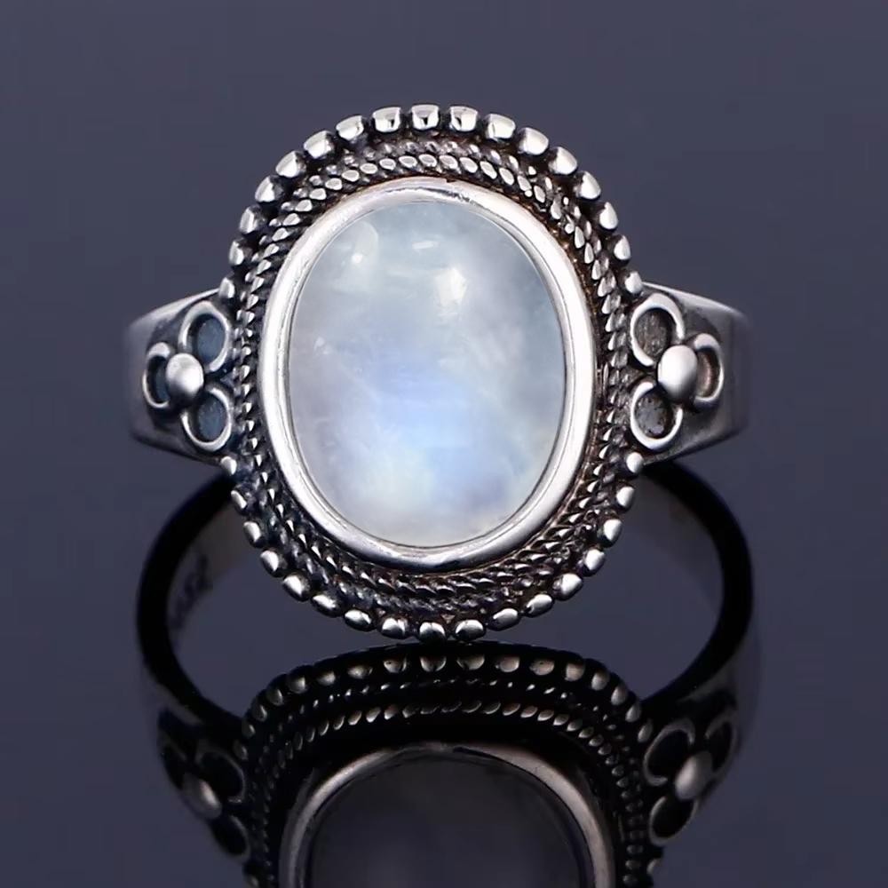 Vintage 925 Sterling Silver Natural Moonstone Rings Bohemia Oval Shape Retro Ring Gifts Fine Jewelry for Women Men