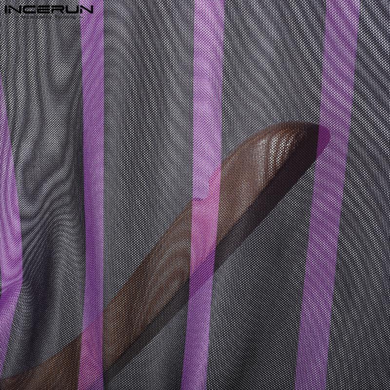 INCERUN Men High Neck Striped Mesh Sheer Stitching Irregular Party Club T-shirts Tops