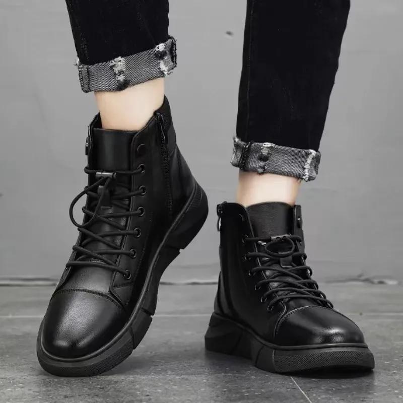 Mode Herren Lederstiefel 2024 Trends Marke Motorrad Fahrschuhe High Top Casual Bequeme wasserdichte Plattform Arbeitsstiefel