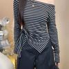 Large Size Fat Mm Striped Long-sleeved T-shirt for Women's Irregular Spring and Autumn New Split-ended Slanted Shoulders, Waist and Thin Top