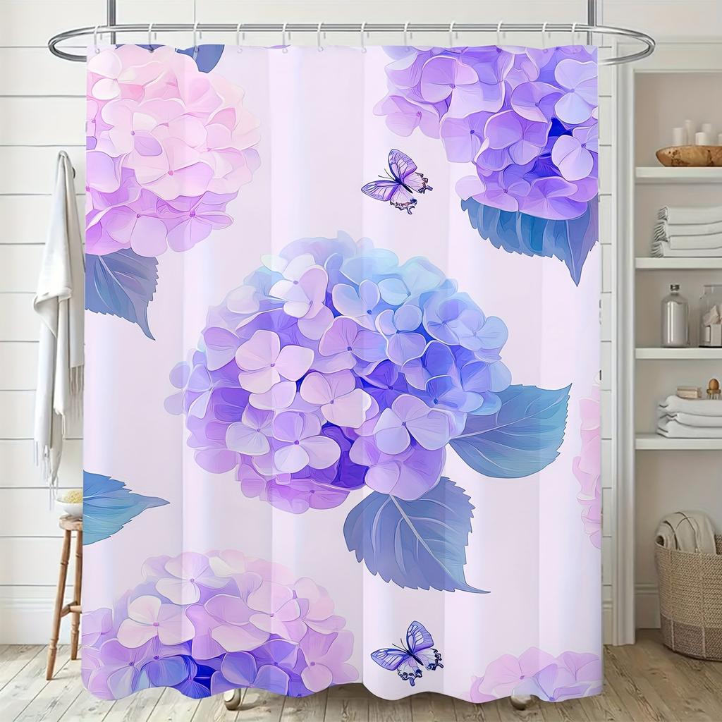 Vibrant Floral Butterfly Shower Curtain - Purple & Blue Hydrangea Art Design, All-Season Nature Bathroom Decor