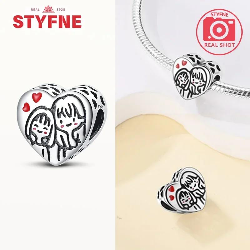 925 Silver Sisters On Swing Heart Charm Beads DIY Bracelet Fine Jewelry Gift for Women Sister Forever