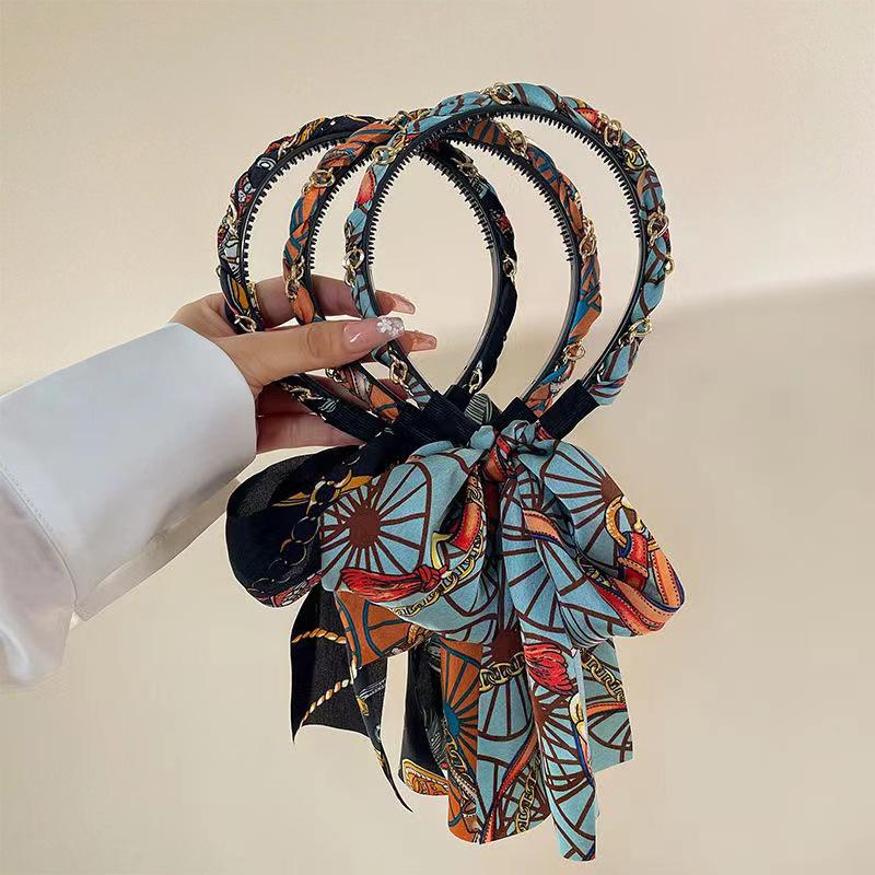 Langes Haarband mit Kette, eleganter Pferdeschwanzhalter, Stoff, Seidenschal, Stirnband, Haarschmuck für Frauen und Mädchen, bedrucktes Haarband